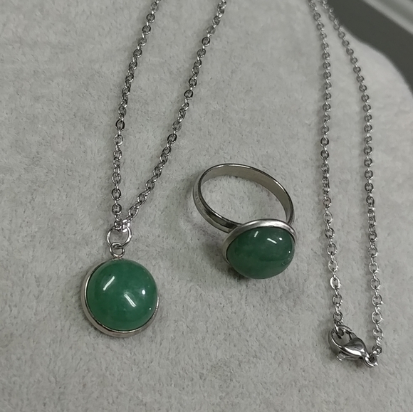 Aventurine Necklace & Ring Set Natural Gemstone Adjustable Stainless-Steel Ring - Picture 9 of 11